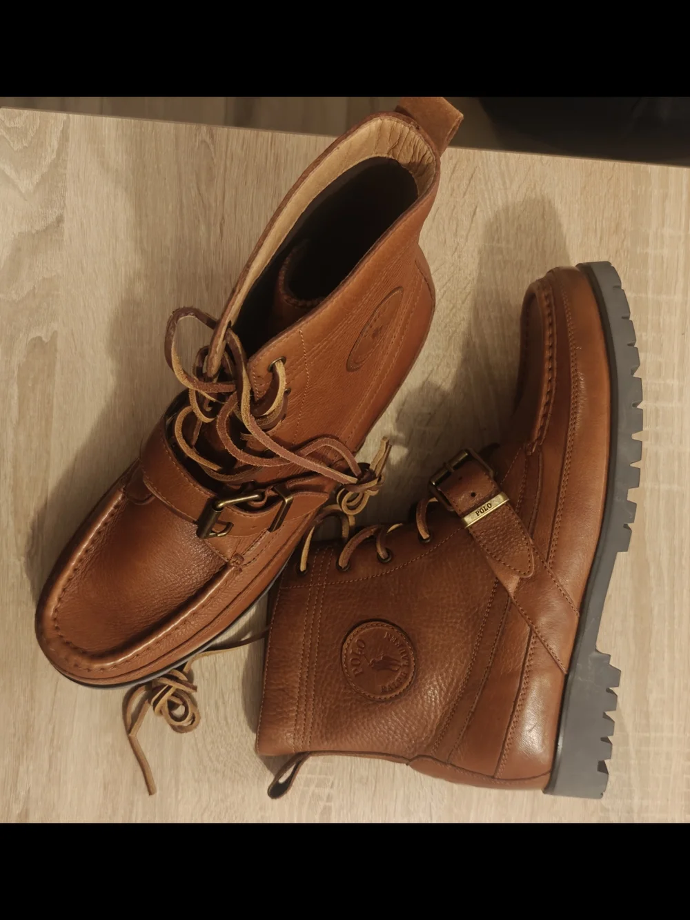 Mens 11.5 Polo Ralph Lauren Ranger Boots brown tan high leather strap shoes logo